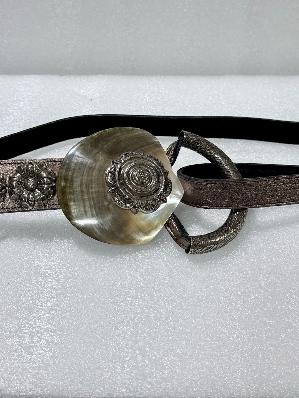 Vintage Artisan  Belt with Genuine Shell Buckle & Silver Metal Floral Conchos